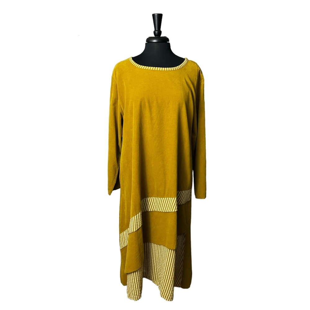 Saga Italy Mustard Yellow Dress One Size Fits Most Striped Corduroy Lagenlook